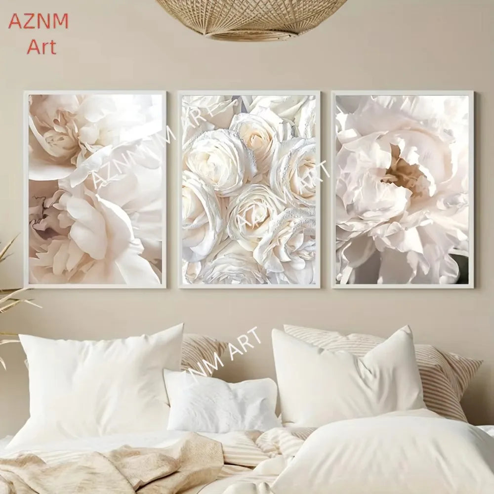 tableaux moderne floral brillants fleurs rose pâle blanc beige salon chambre décoration maison