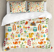 lit parure ensemble couverture taies oreiller animaux forêt hibou renard écureuil oiseaux illustrations enfants