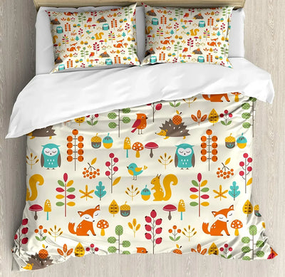 Parure de lit automne avec hibou renard écureuil oiseaux feuilles