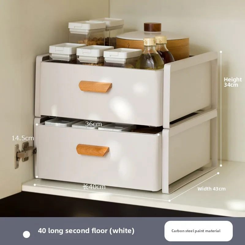 meuble tiroirs cuisine gris blanc poignées bois rangement sous évier
