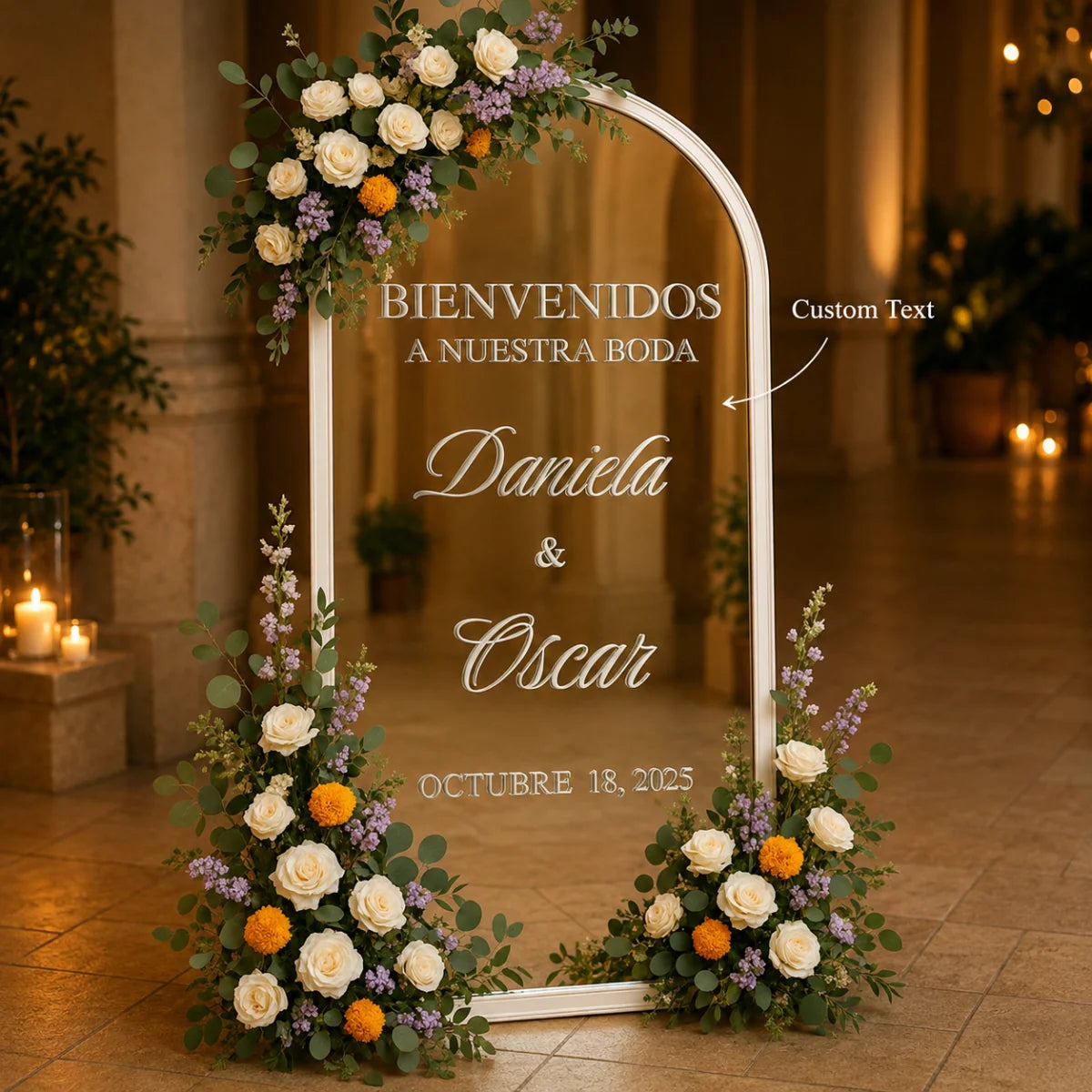 cadre miroir personnalisable moderne élégant noir doré adhésif texte personnalisé fleurs