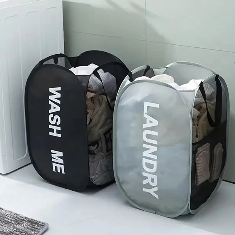 panier linge noir gris moderne réutilisable polyestère wwash me laundary imprime poignées multifonction salle
