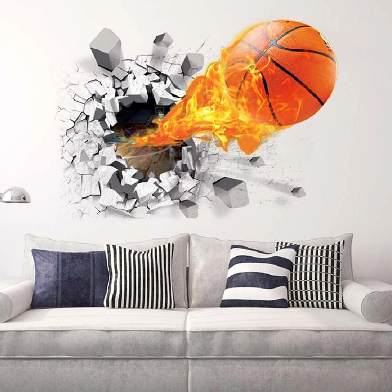autocollant mural 3d sportif balle basket rayures noires fond texturé béton orange dynamique chambre
