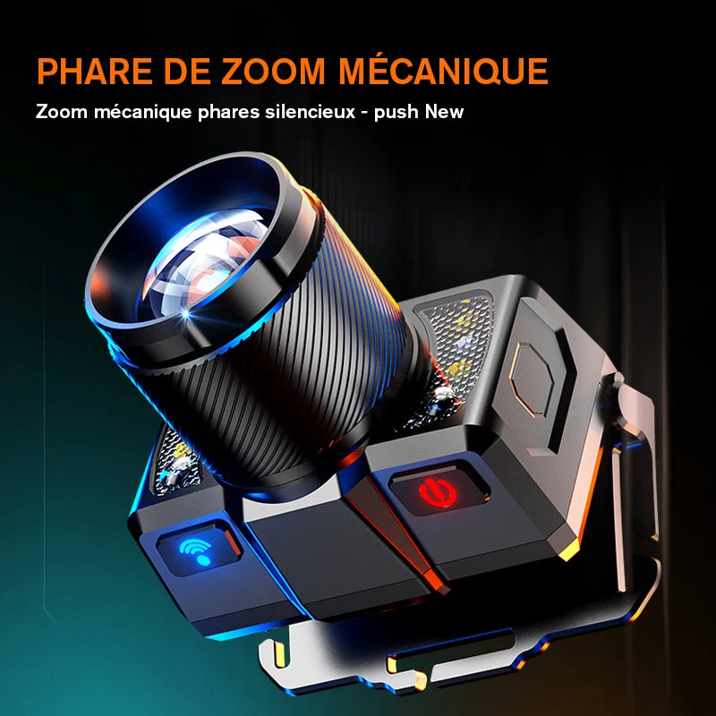 lampe frontale led super lumineuse noire orange rayées moderne technologique étanche rechargeable usb zoomable