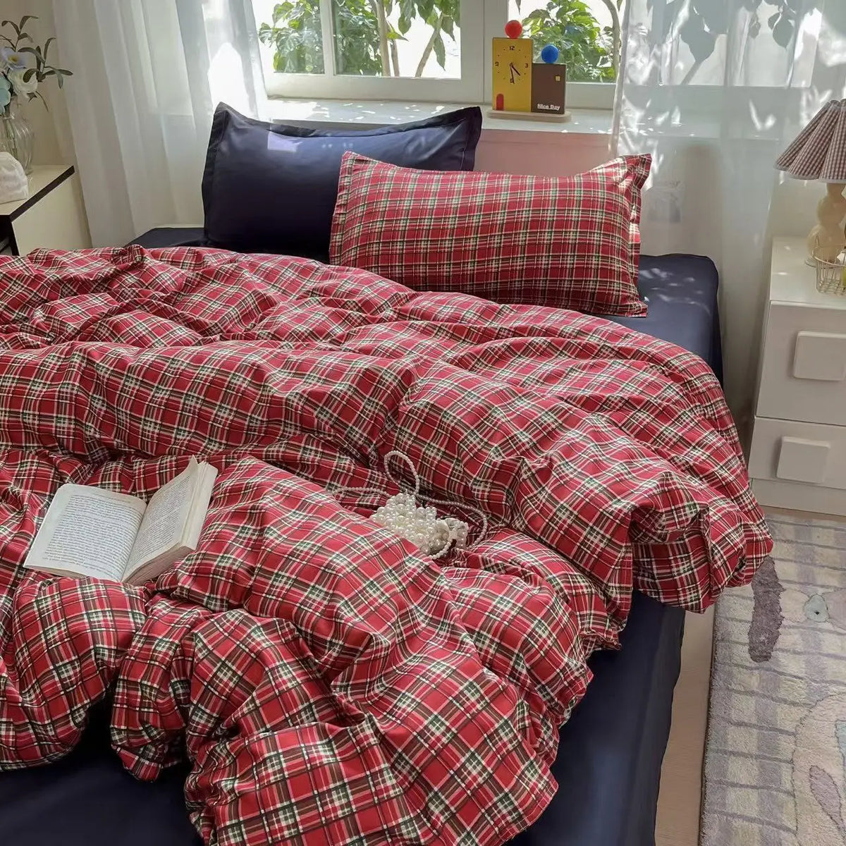 parure lit ensemble housse couette drap taies oreiller carreaux ecossais noir rouge