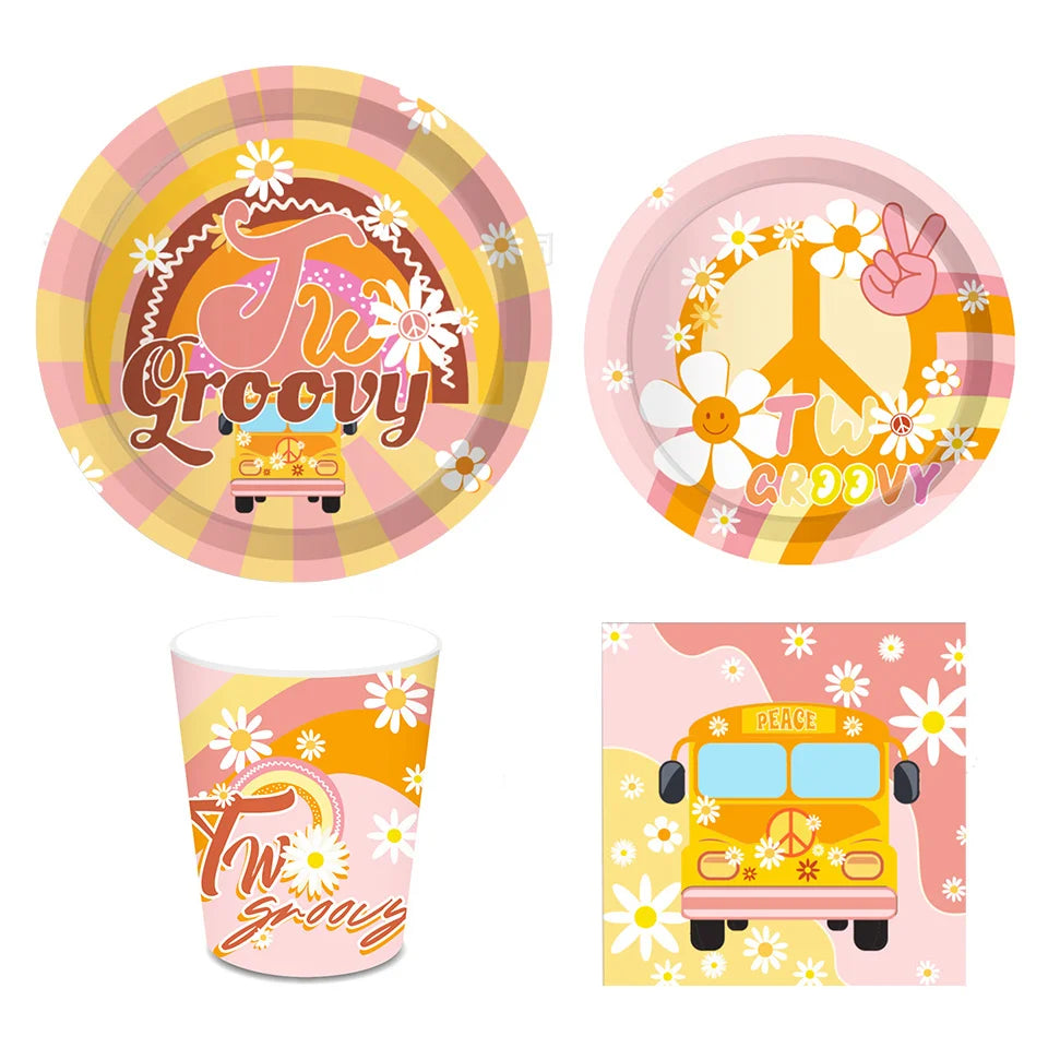 assiettes papier hippie enfant anniversaire decoration fleurs bus arc ciel vintage retro