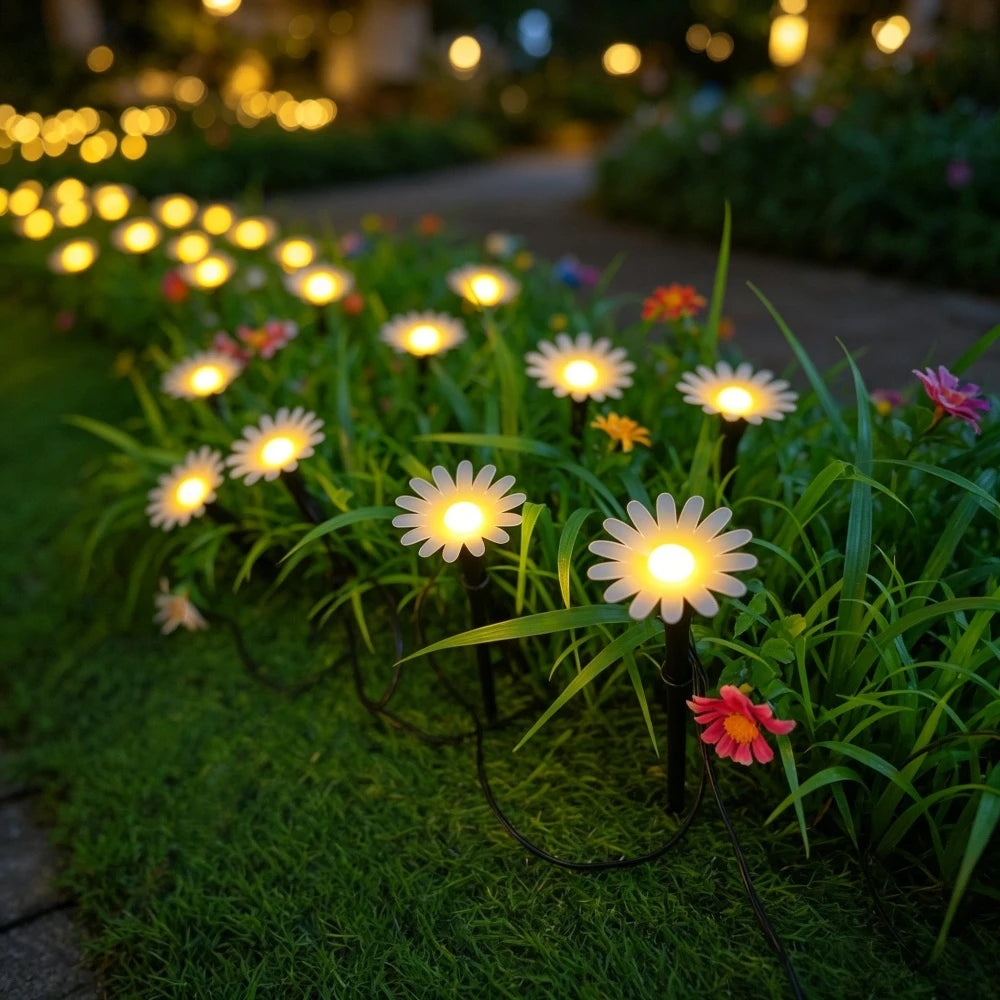 guirlande lumineuse solaire fleurs marguerites extérieur decoration jardin led blanc rose orangé feerique champetre
