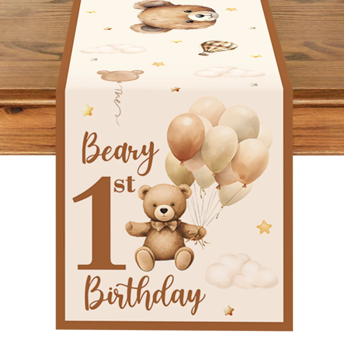 nappe anniversaire oursons ballons étoiles lunes feuilles dorées première année enfants décoration table festive