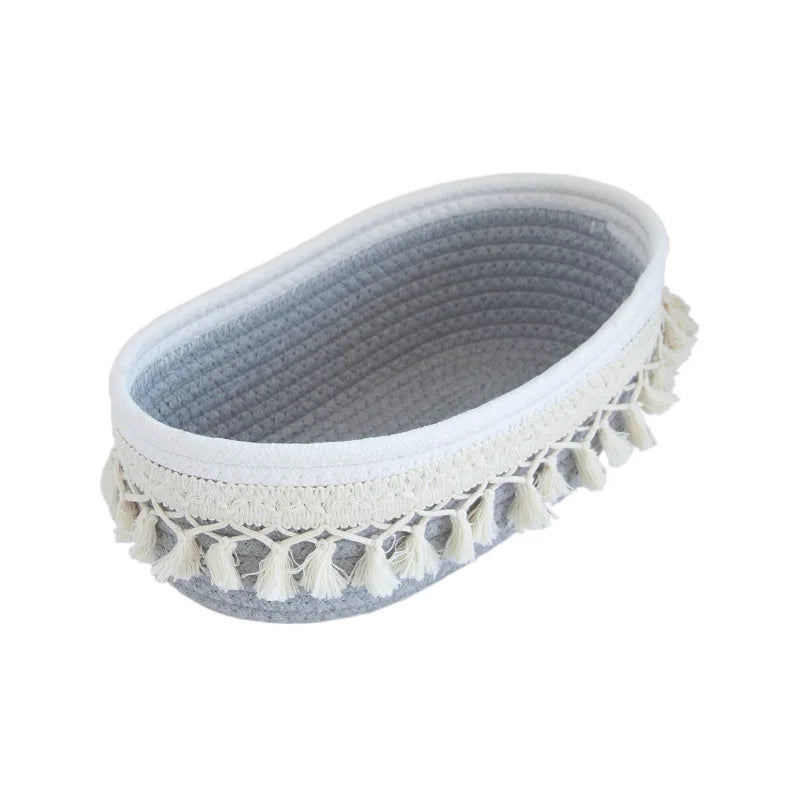 panier rangement tissu coton blanc franges boho chic savon parfum téléphone bougie