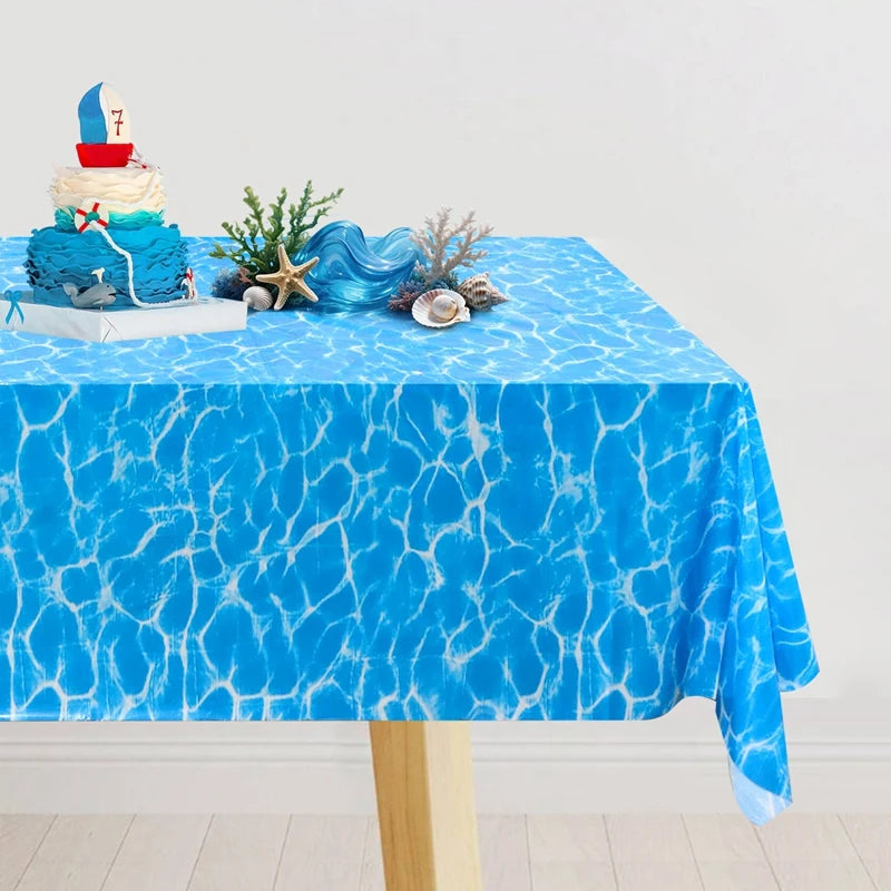 nappe table thème océan rayures bleu moderne coquillages bouteille vin plage anniversaire bébé