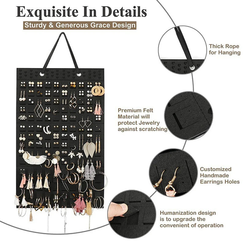 porte bijoux moderne noir grille perforations cordon suspension clips boucles oreilles rangement élégant minimaliste