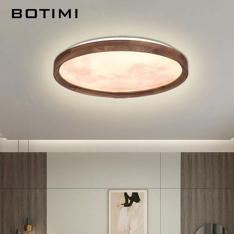 plafonnier moderne bois marron lumière nuageuse intensité variable télécommande éclairage chambre semi translucide