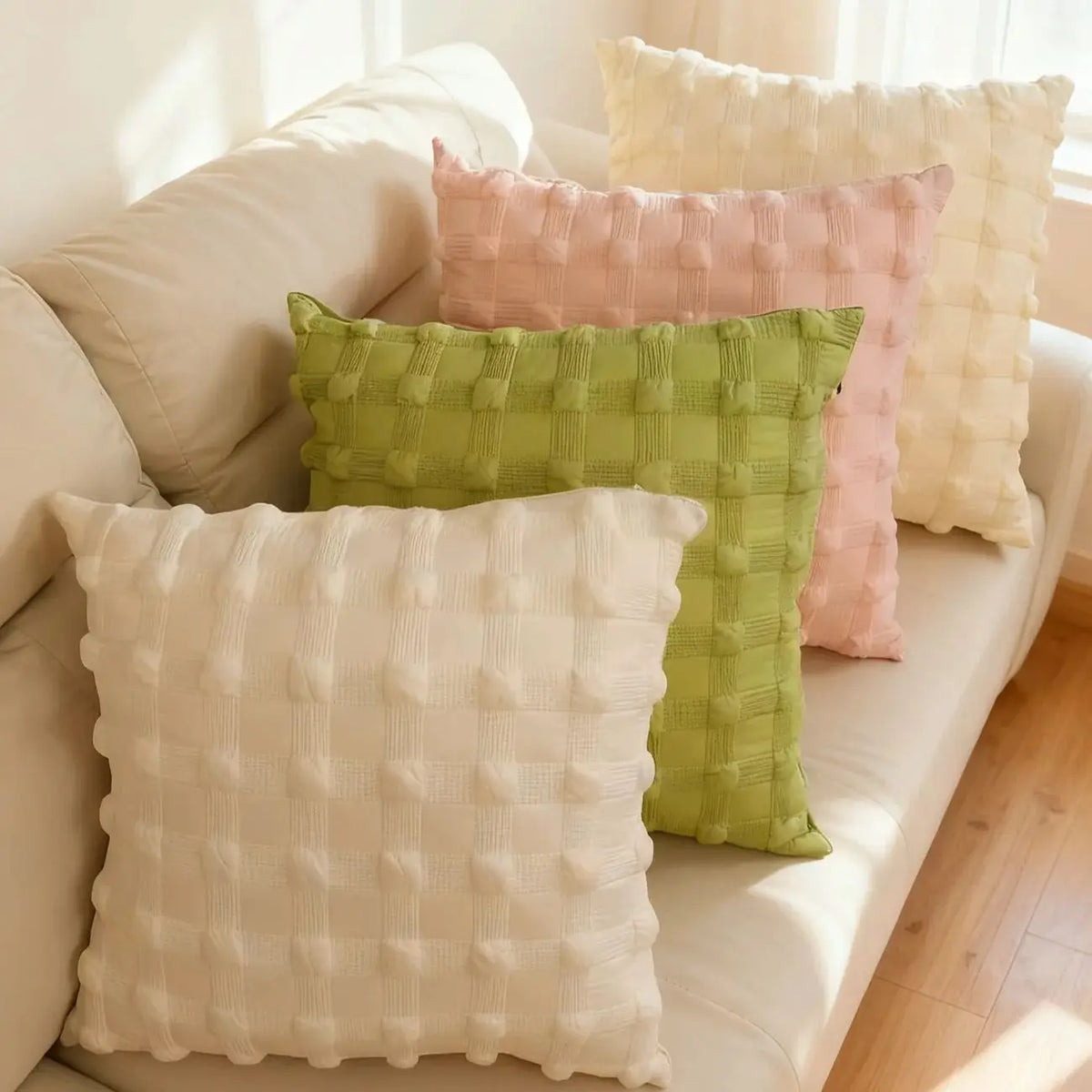 coussins carrés géométriques blanc rose clair vert olive amovibles modernes 30x50cm