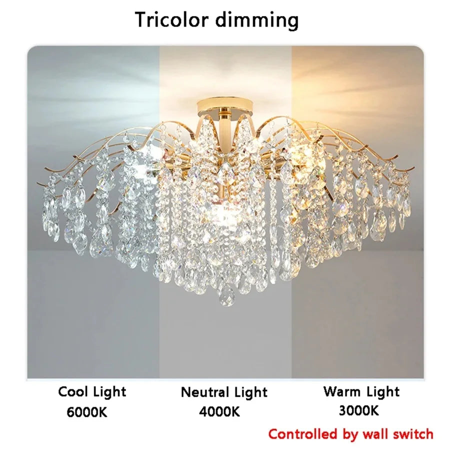 plafonnier moderne luxueux cristal pendans or led salon décoration lustreintérieur chambre château