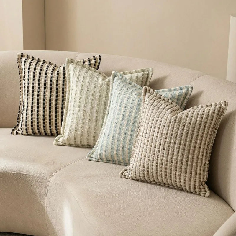 housse coussin carré rayé moderne nordique 100 polyester beige noir opacité bordure chenille 45x45cm