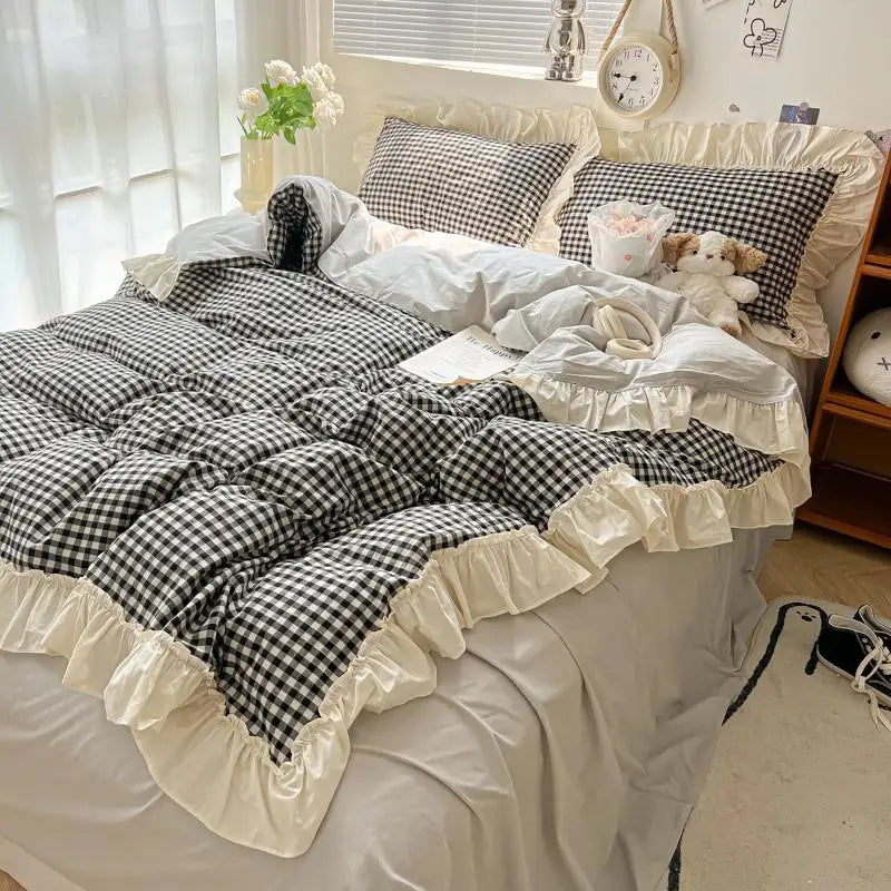 ensemble literie rose doux carreaux beige volants taies oreiller couvre lit romantique ultra frais