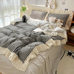 ensemble literie rose doux carreaux beige volants taies oreiller couvre lit romantique ultra frais
