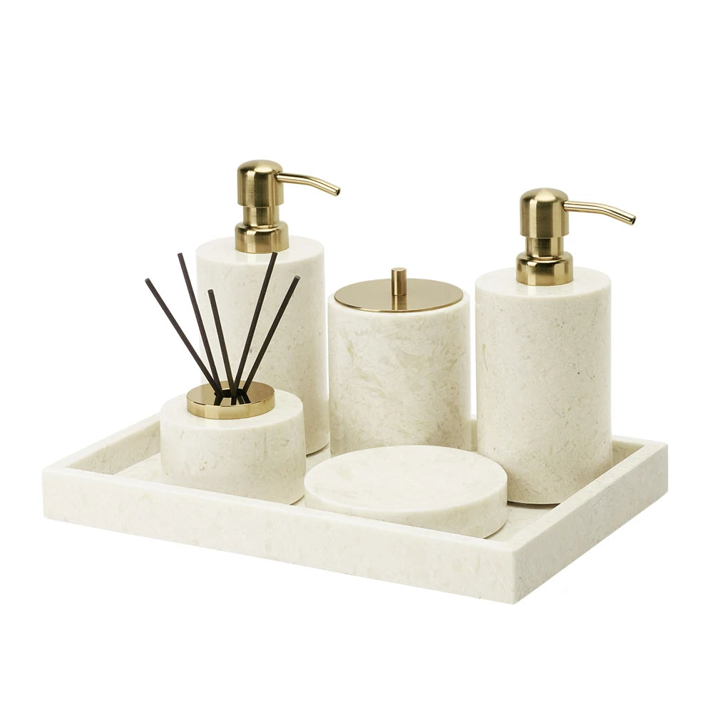 ensemble salle bain marbre blanc doré plateau distributeur savon accessoires