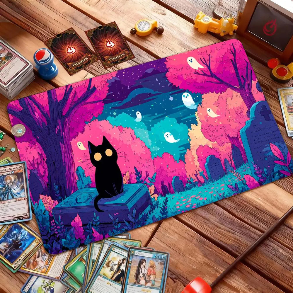 tapis jeu 60cm 35cm caoutchouc antidérapant fantômes arbres tombes chat noir violet rose bleu