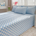 drap lit plat coton bleu clair blanc carreaux géométriques moderne deux oreillers