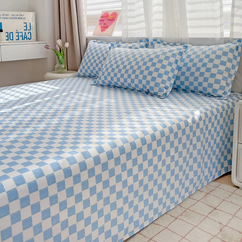 drap lit plat coton bleu clair blanc carreaux géométriques moderne deux oreillers