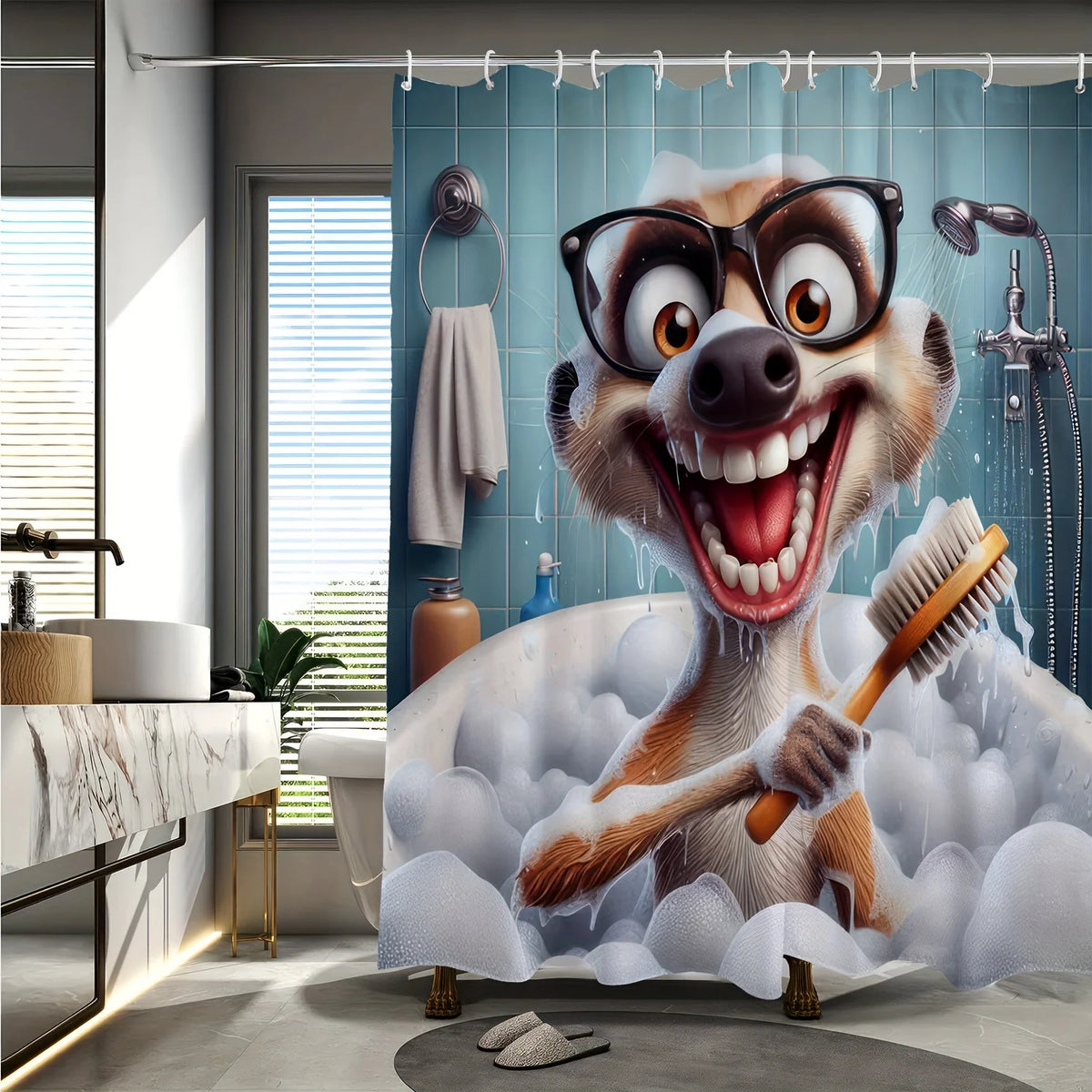 Rideau de douche comique avec un suricate joyeux dans une baignoire, tenant une brosse, dans une salle de bain moderne.