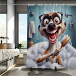 Rideau de douche comique avec un suricate joyeux dans une baignoire, tenant une brosse, dans une salle de bain moderne.