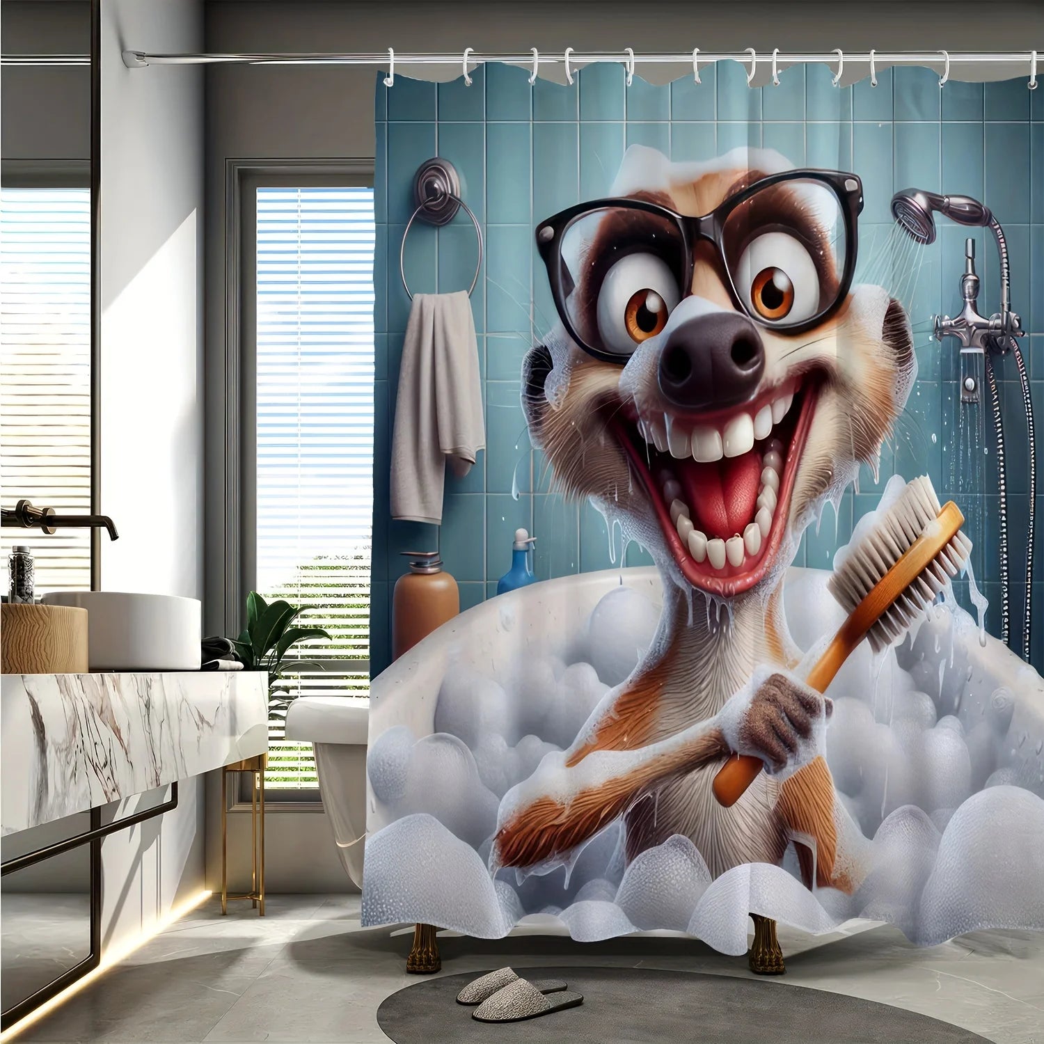 Rideau de douche comique avec un suricate joyeux dans une baignoire, tenant une brosse, dans une salle de bain moderne.