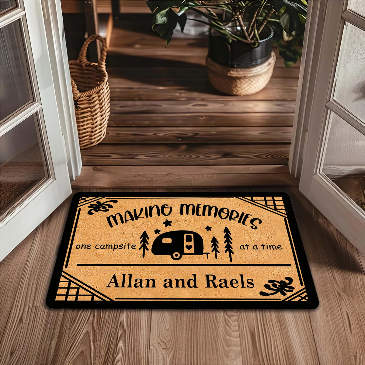 tapis d'entrée imperméable antidérapant marron clair motif camper arbres étoiles personnalisé résistant rides