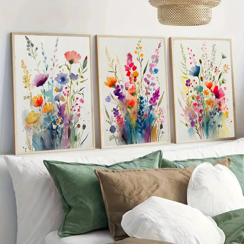 tableau moderne minimaliste multicolore fleurs aquarelle toile cadre bois chambre salon déco sans frame