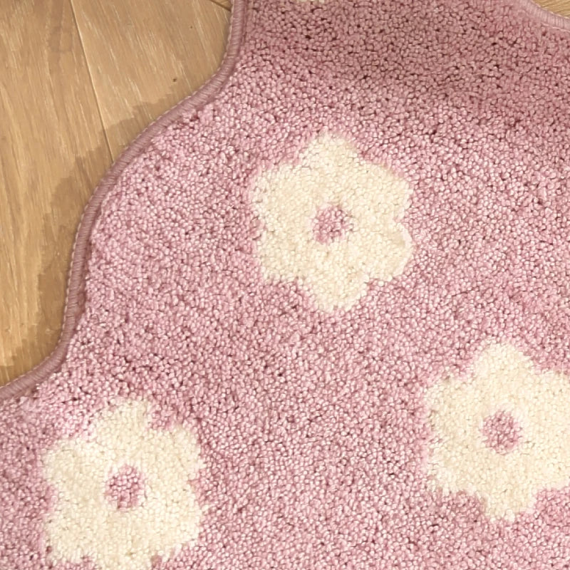 tapis bain moderne rose clair fleurs blanches absorbant rapide sec handwashable polyester