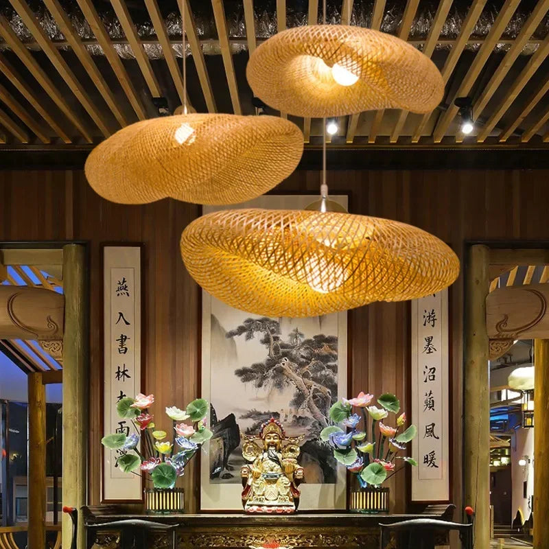suspension lumineuse bois tressée moderne ampoule led câble électrique chambre salon