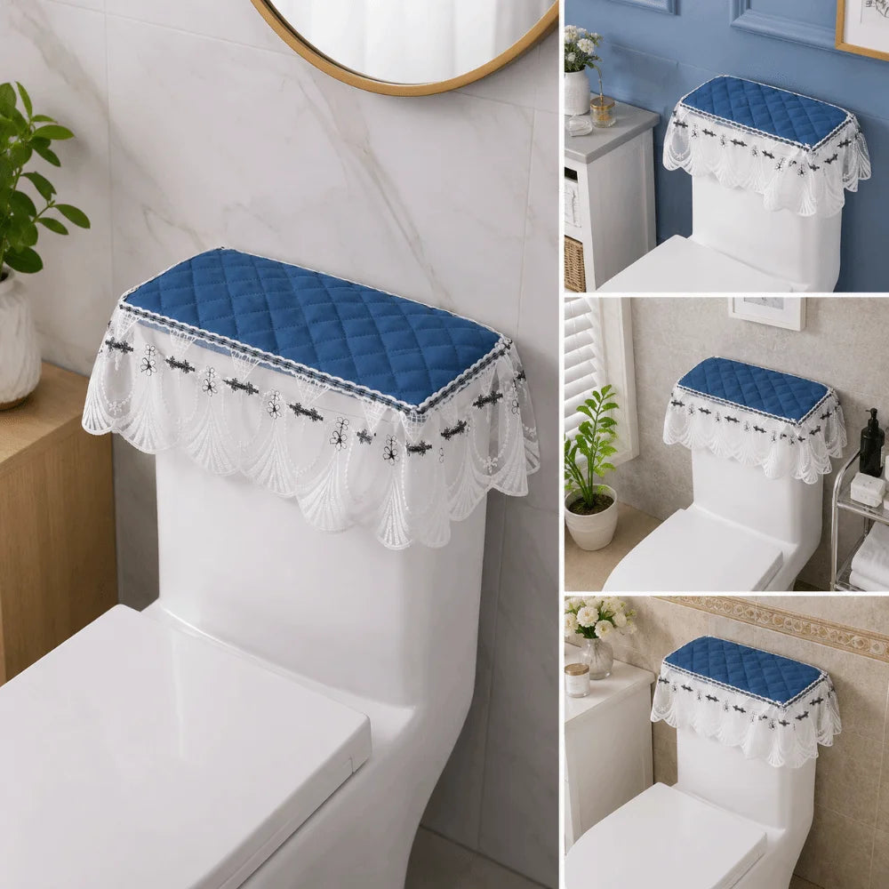 couvre seize toilette brodé bleu marine blanc élégant classique tissu épais plis franges