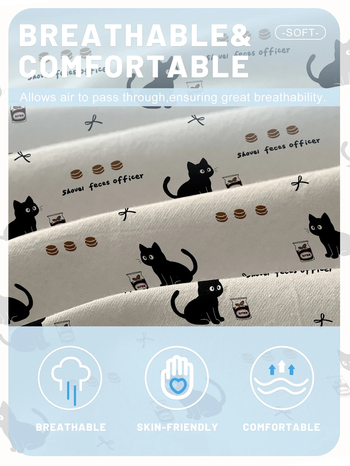 drap housse polyester motif chat noir moderne imprimé shovel faces officer blanc lit chambre