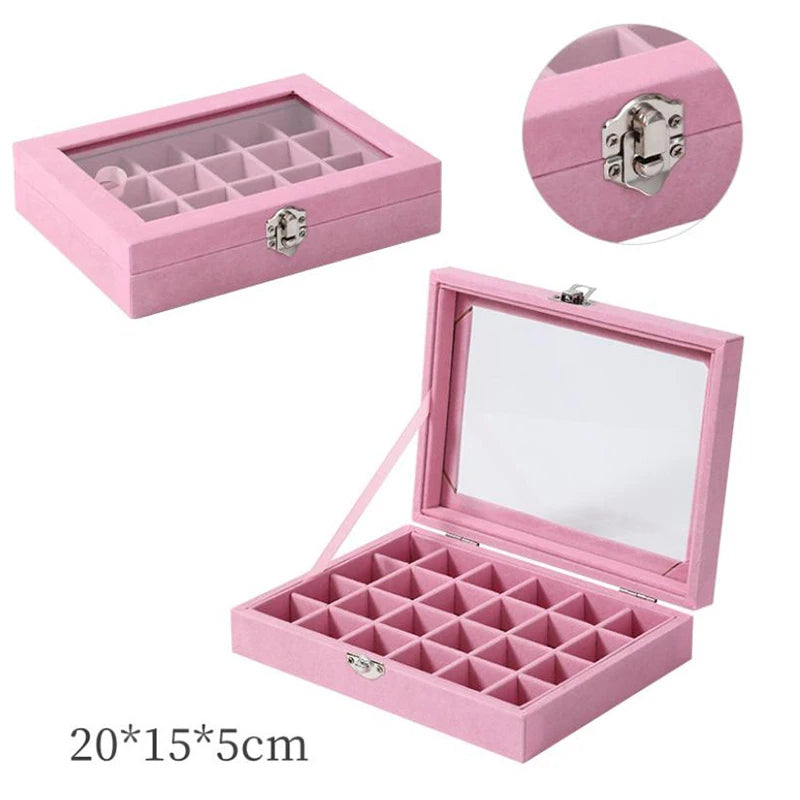 boîte bijoux velours rose moderne compartiments transparents cadenas 24 places