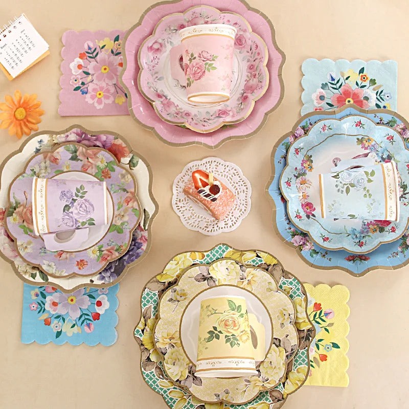 assiettes papier fleur oiseaux tasses serviettes occasion fête anniversaire mariage vintage