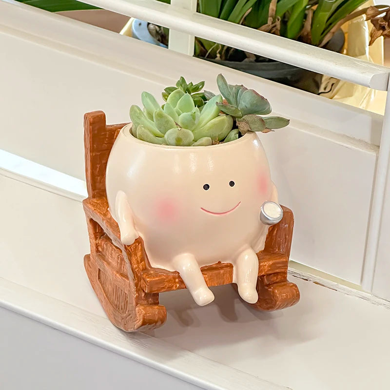 pot fleurs rocking chair mignon visage souriant plante succulente décoration maison fleuri vert resine