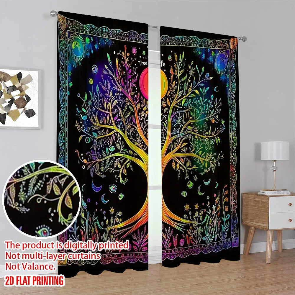 rideau boho arbre vie noir rouge orange jaune vert bleu violet floral opacité classique