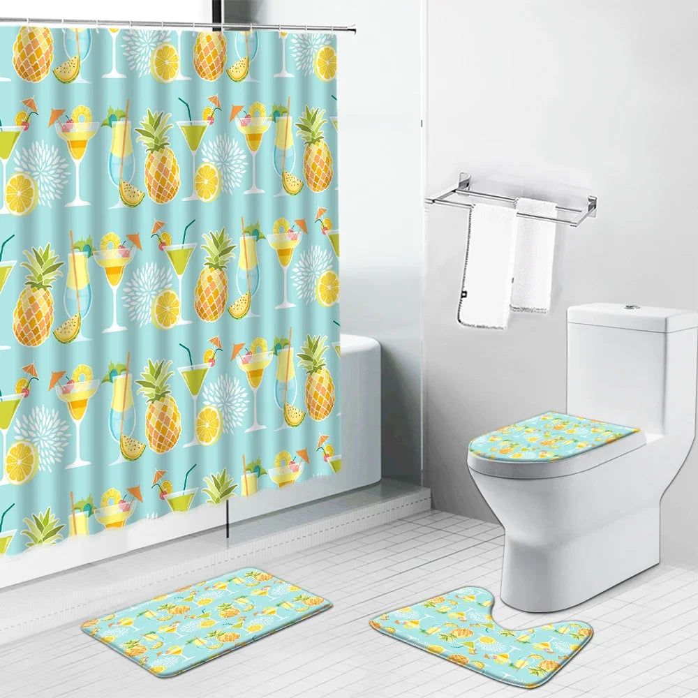 Tapis et rideau de douche pour salle de bain avec motif tropical, comprenant des ananas colorés et des cocktails exotiques sur fond bleu. Idéal pour apporter une touche amusante et rafraîchissante à votre espace de bain. Ensemble coordonné offrant une ambiance estivale et joyeuse.