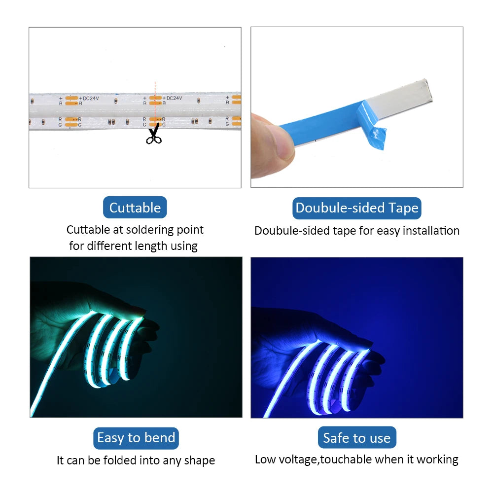 Ruban LED COB RGB de 2 mètres utilisé pour éclairer une étagère de décoration