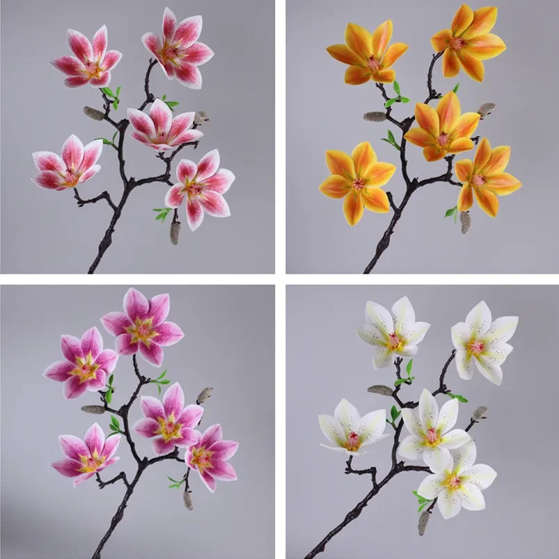 Branche artificielle magnolia fleurs simples feuilles vertes blanc rose jaune verte decoration intérieur