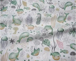 tissu coton imprimé thème marin poissons coquillages enfants blanc rose bleuclair vert