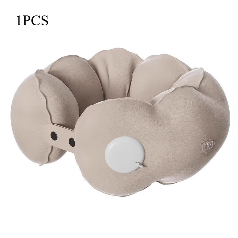 oreiller voyage forme polyester beige doux moderne dégonflement poignée transport confortable suction voyage tranches