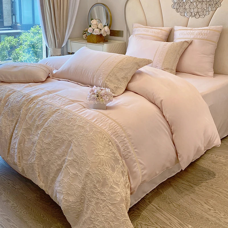 ensemble literie rose pâle broderie florale classique 200x230cm 220x240cm 48x74cm 4pcs