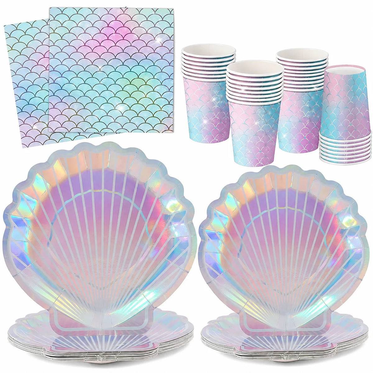 assiettes jetables sirène multicolore gobelets serviettes fête anniversaire thème océan poissons irisés pastel