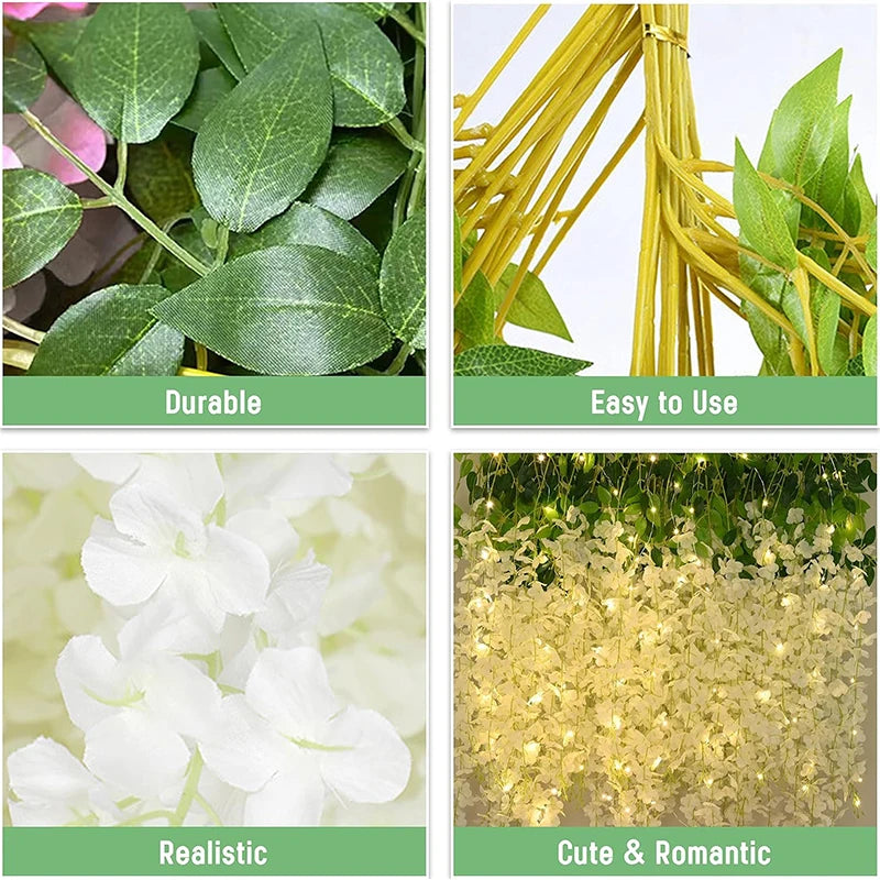 guirlande glycine lumineuse fleurs artificielles blanc vert décorative romantiqueintérieur decoration 36ft 90fleurs