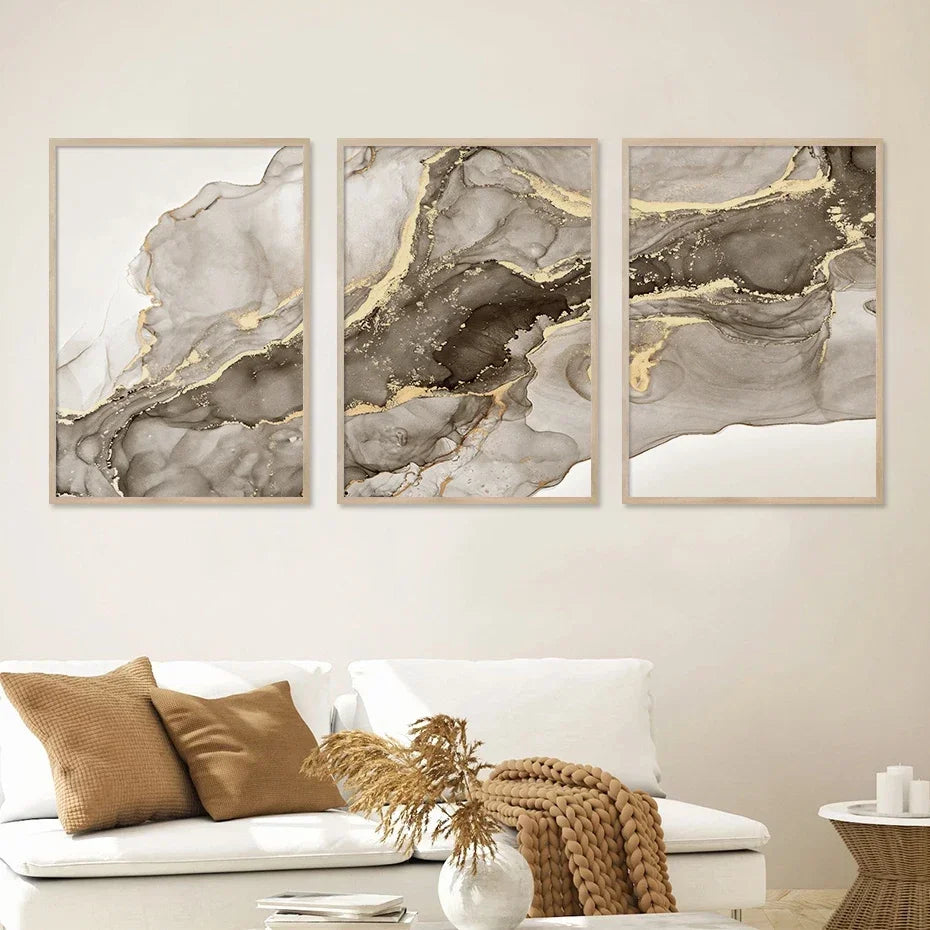 tableau contemporain minimaliste marbre effet liquide gris noir doré sans cadre impression toile chambre