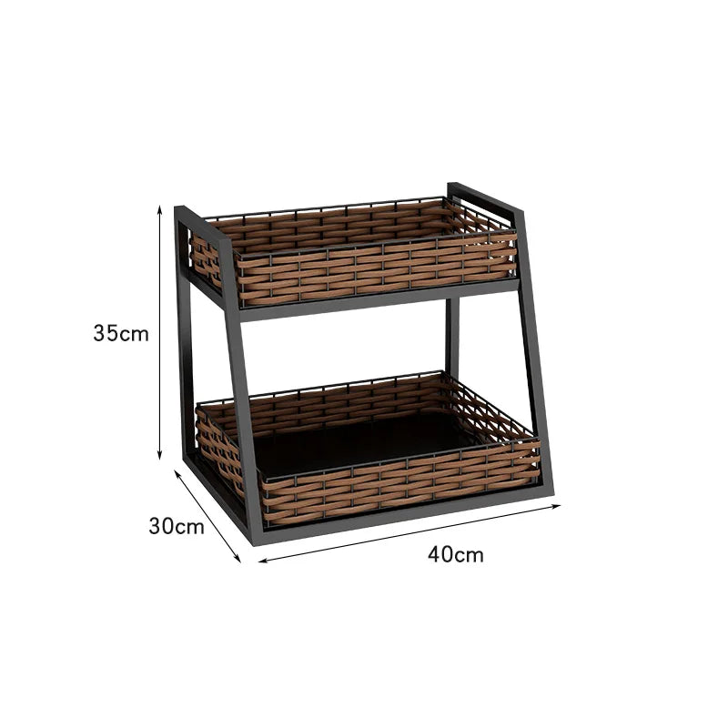 étagère moderne rustique paniers rotin structure métallique noir brun clair multifonctionnelle rangement cuisine