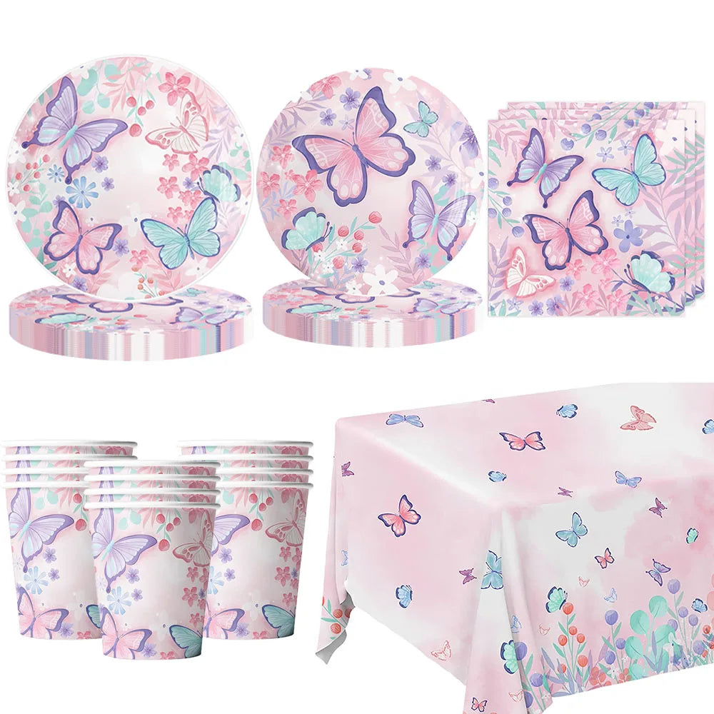 ensemble vaisselle jetable papillon anniversaire assiettes gobelets serviettes nappe ballons guirlande décoration fête