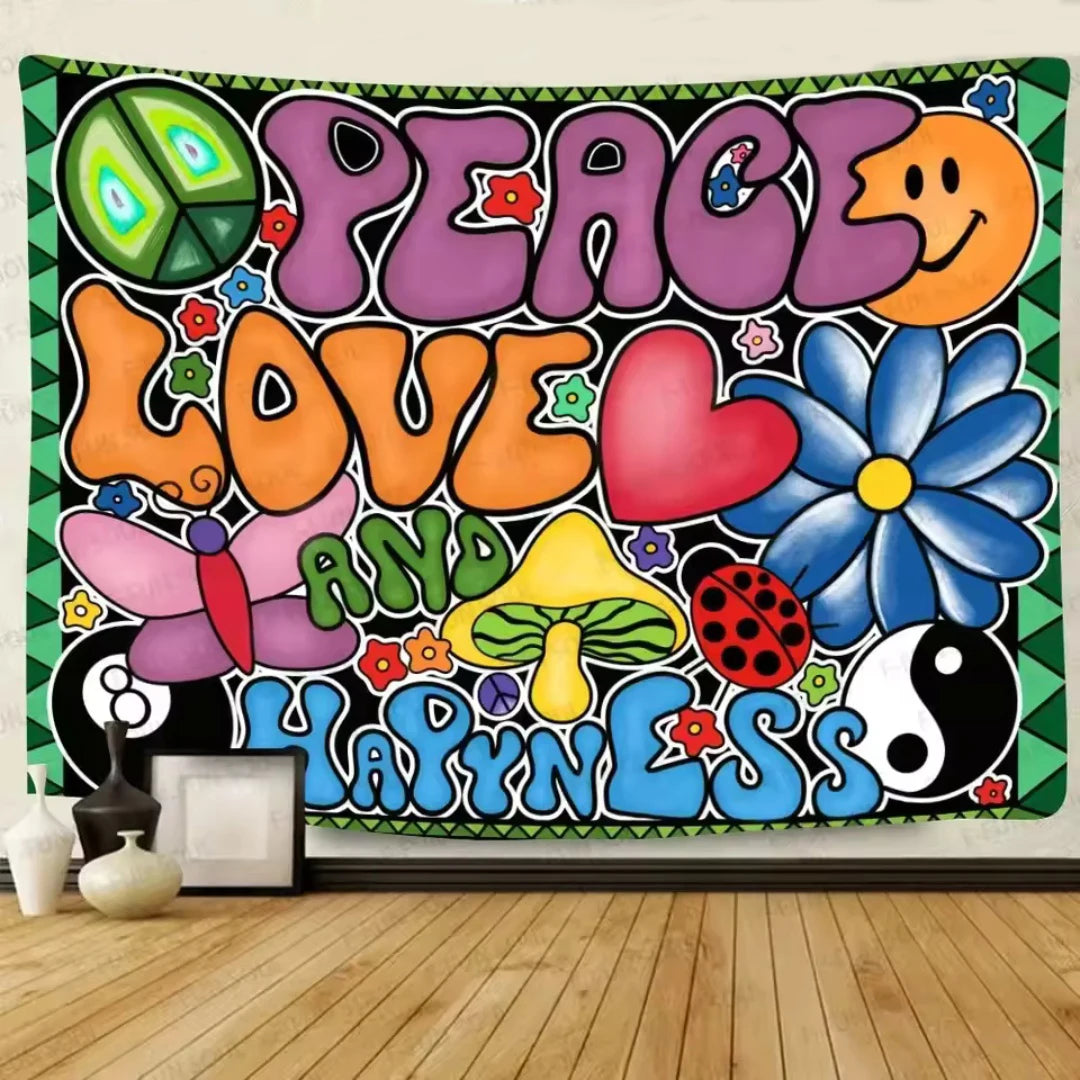 tapisserie multicolore pop art lettres stylisées symboles paix papillons fleurs chambre salon decoration années